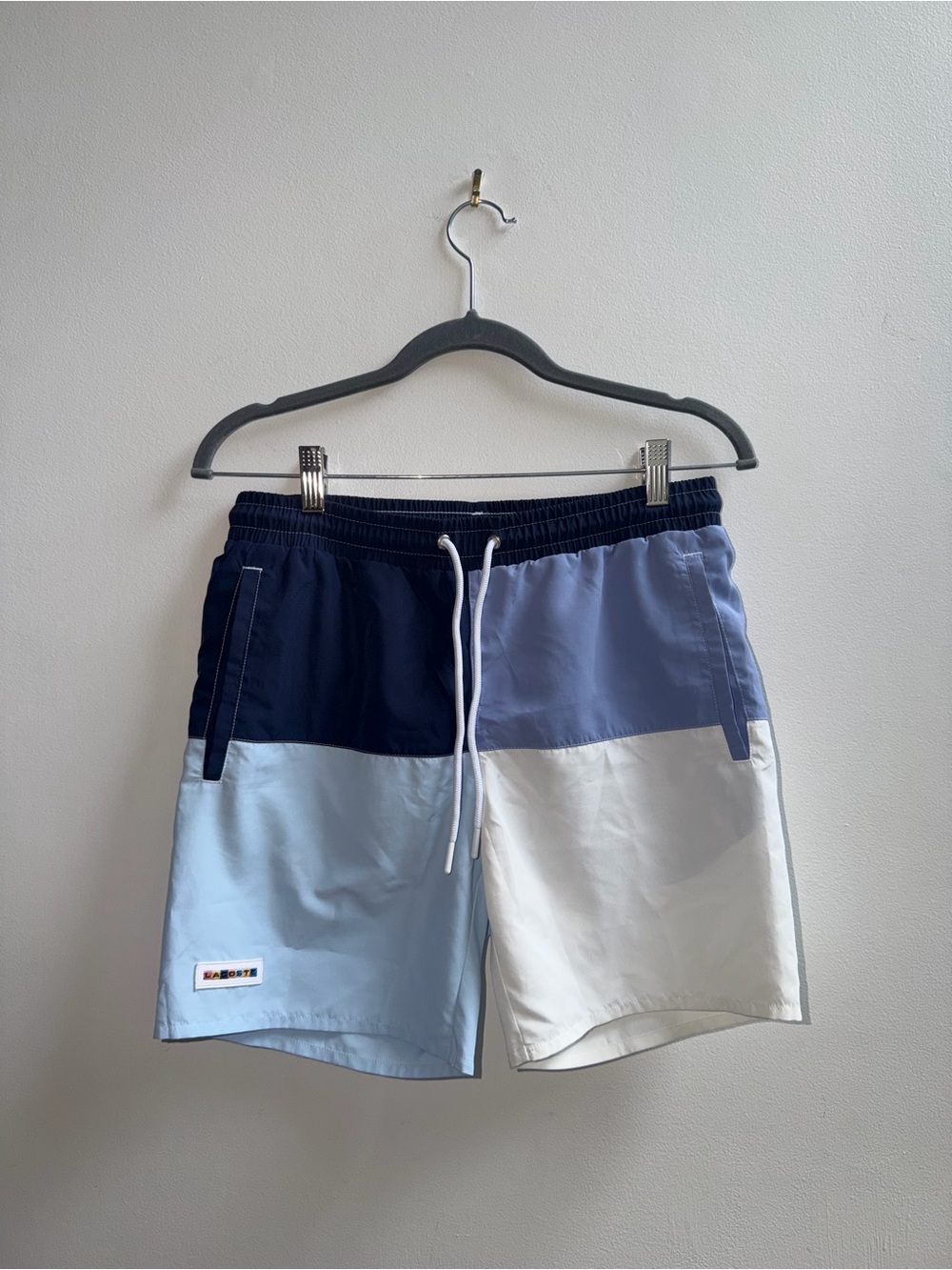 Lacoste Men's Colorblock Swim Trunks in Navy, Light Blue & White Size Small